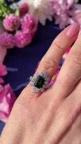 Vintage 1985 Green Tourmaline & Diamond 18ct Gold Cocktail Ring