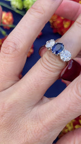 Vintage Unheated 2.10ct Sapphire & Diamond 18ct White Gold Three-Stone Engagement Ring