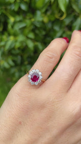 Vintage Ruby & Diamond 18ct Gold Oval Cluster Ring (0.90cts)