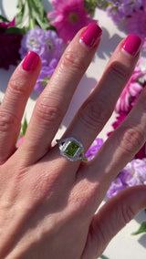 Emerald-Cut Peridot & Diamond Platinum Geometric Cluster Ring (1.52cts)