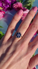 Vintage Sapphire & Diamond 18ct Gold Platinum Floral Cluster Ring