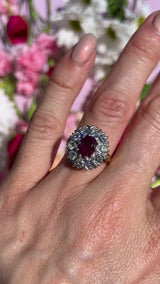 Vintage 1976 Ruby & Diamond 18ct Gold Cluster Engagement Ring
