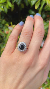 Vintage 1977 Dark Sapphire & Diamond 18ct Gold Cluster Ring