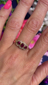Vintage 1985 Vari-Cut Ruby & Diamond 18ct Gold Three-Stone Cluster Ring