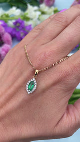 Vintage Emerald & Diamond 18ct Gold Marquise Cluster Pendant Necklace