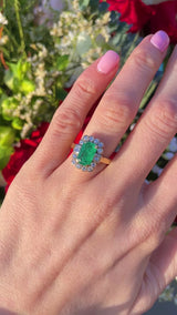 Vintage 1993 Emerald & Diamond 18ct Gold Cluster Engagement Ring