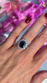 Vintage 1976 Sapphire & Diamond 18ct White Gold Cluster Engagement Ring