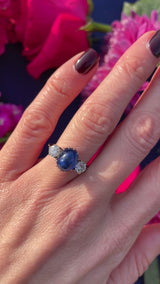 Vintage Cabochon Sapphire & Diamond 18ct White Gold Three-Stone Ring