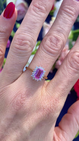 Vintage Emerald-Cut Pink Sapphire & Diamond 18ct Gold Cluster Engagement Ring