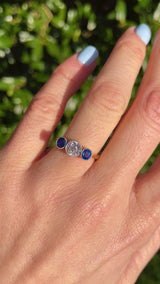 Art Deco Old European Diamond & Sapphire Three-Stone Engagement Ring