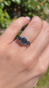 Vintage 1970s Teal Sapphire & Diamond Triple Cluster Ring