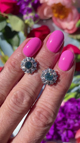 Art Deco Blue Zircon & Diamond 9ct White Gold Platinum Cluster Stud Earrings
