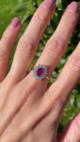 Vintage Ruby & Diamond 18ct Gold Oval Cluster Ring (0.95cts)