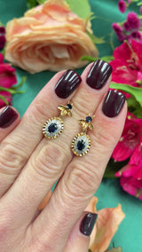 Vintage 1976 Sapphire & Diamond 18ct Gold Drop Earrings