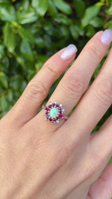 Vintage Opal, Ruby & Diamond 18ct White Gold Cluster Ring