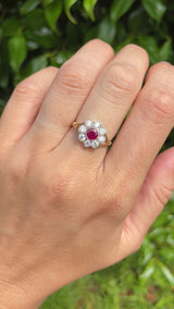 Antique Style Ruby & Diamond 9ct Gold Daisy Cluster Ring