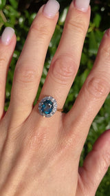 Vintage 1987 London Blue Topaz & Diamond 18ct Gold Cluster Ring