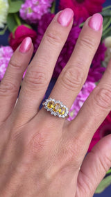 Vintage 1988 Yellow Sapphire & Diamond 18ct Gold Triple Cluster Ring