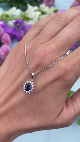 Sapphire & Diamond 18ct White Gold Cluster Pendant Necklace