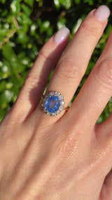 Vintage 1992 Ceylon Sapphire & Diamond 18ct Gold Cluster Engagement Ring