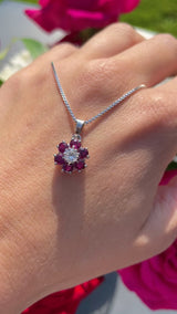 Vintage Ruby & Diamond 18ct White Gold Cluster Pendant Necklace