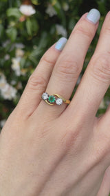 Vintage 1987 Emerald & Diamond 18ct Gold Three-Stone Crossover Ring