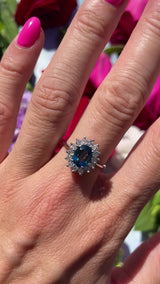 Vintage London Blue Topaz & Diamond 18ct White Gold Cluster Ring