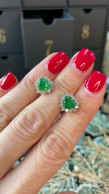 Vintage 1989 Emerald & Diamond 18ct White Gold Heart-Shaped Cluster Stud Earrings