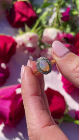 Vintage 1971 Natural Australian Opal & Diamond 18ct Gold Oval Cluster Ring