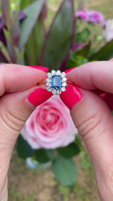 Vintage 1986 Teal Sapphire & Diamond 18ct Gold Cluster Ring