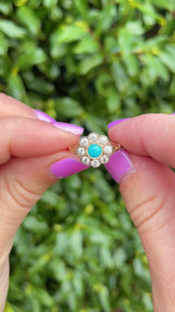 Antique Edwardian Style Turquoise & Diamond Daisy Cluster Ring