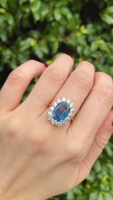 Natural Blue Sapphire & Diamond 18ct Gold Oval Cluster Engagement Ring