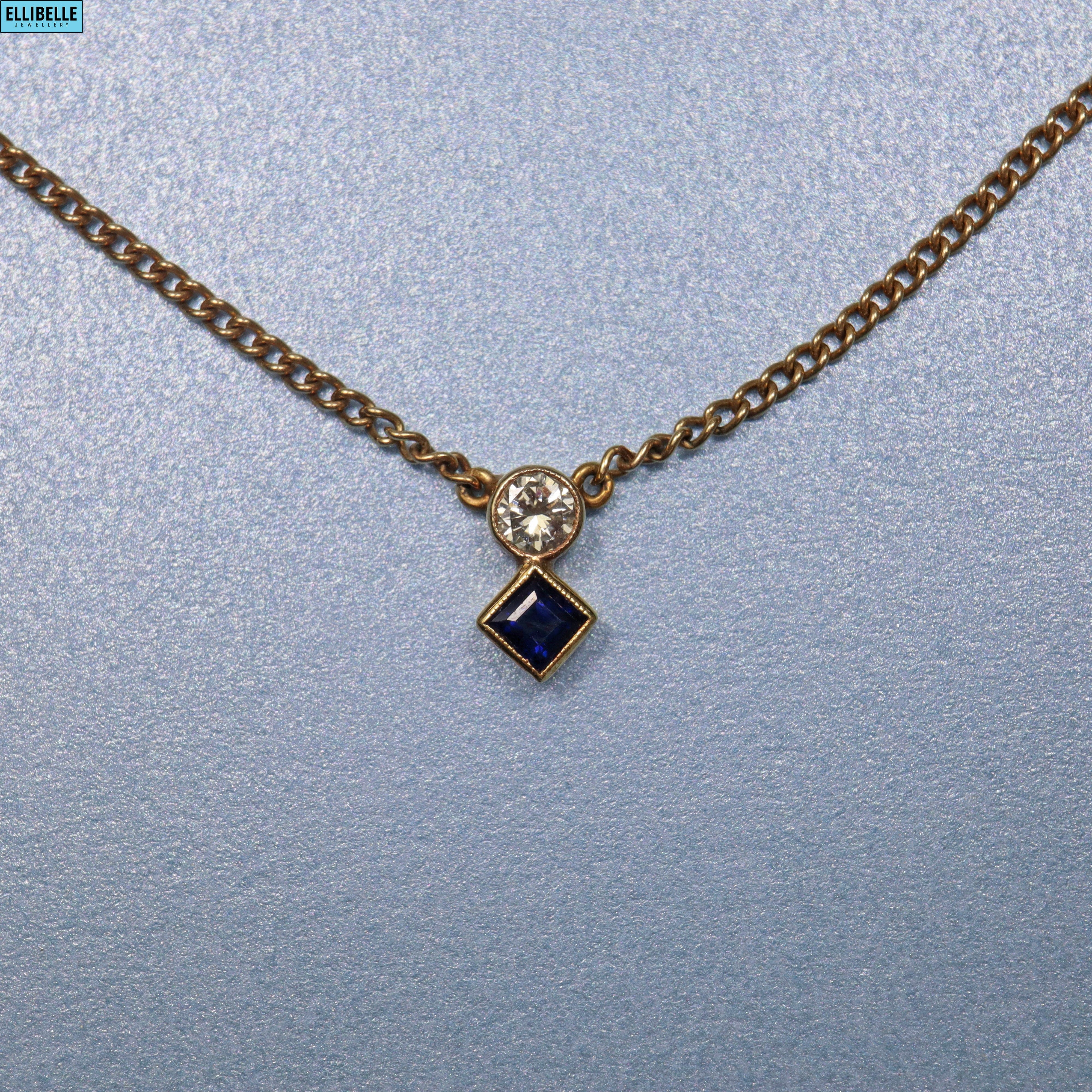 Ellibelle Jewellery ART DECO SAPPHIRE & DIAMOND GOLD PENDANT NECKLACE