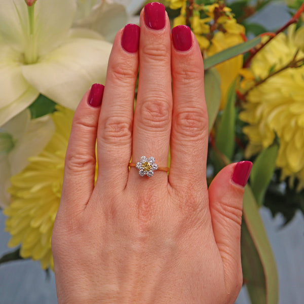 Ellibelle Jewellery Vintage Yellow Diamond 18ct Gold Daisy Cluster Ring