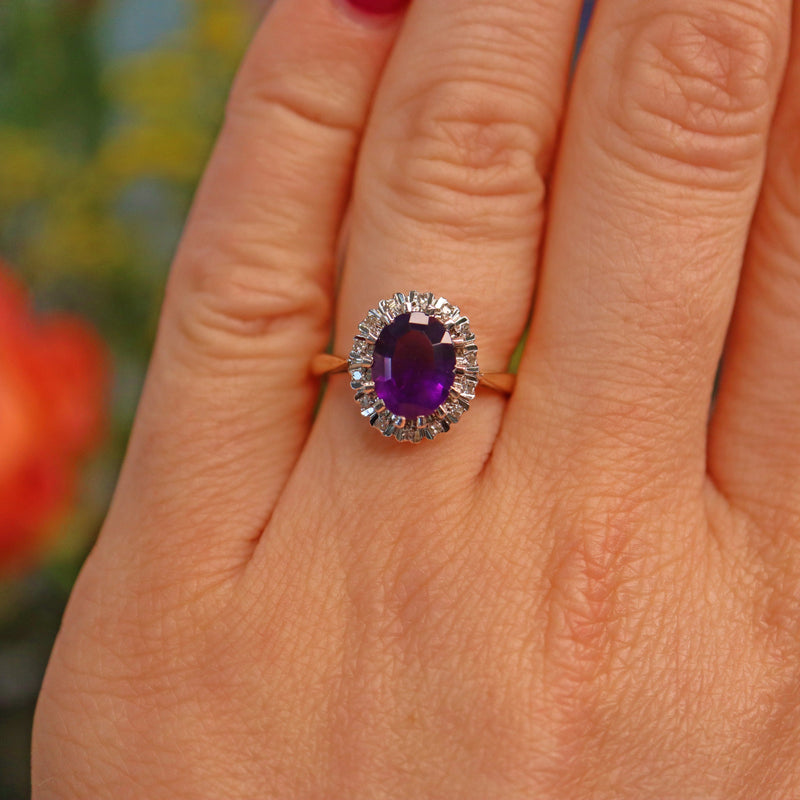 Ellibelle Jewellery Vintage 1980s Amethyst & Diamond Gold Cluster Ring