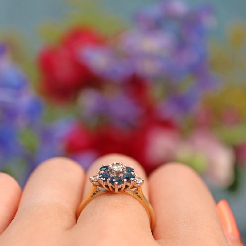 Ellibelle Jewellery Vintage 1975 Blue Sapphire & Diamond Gold Cluster Ring