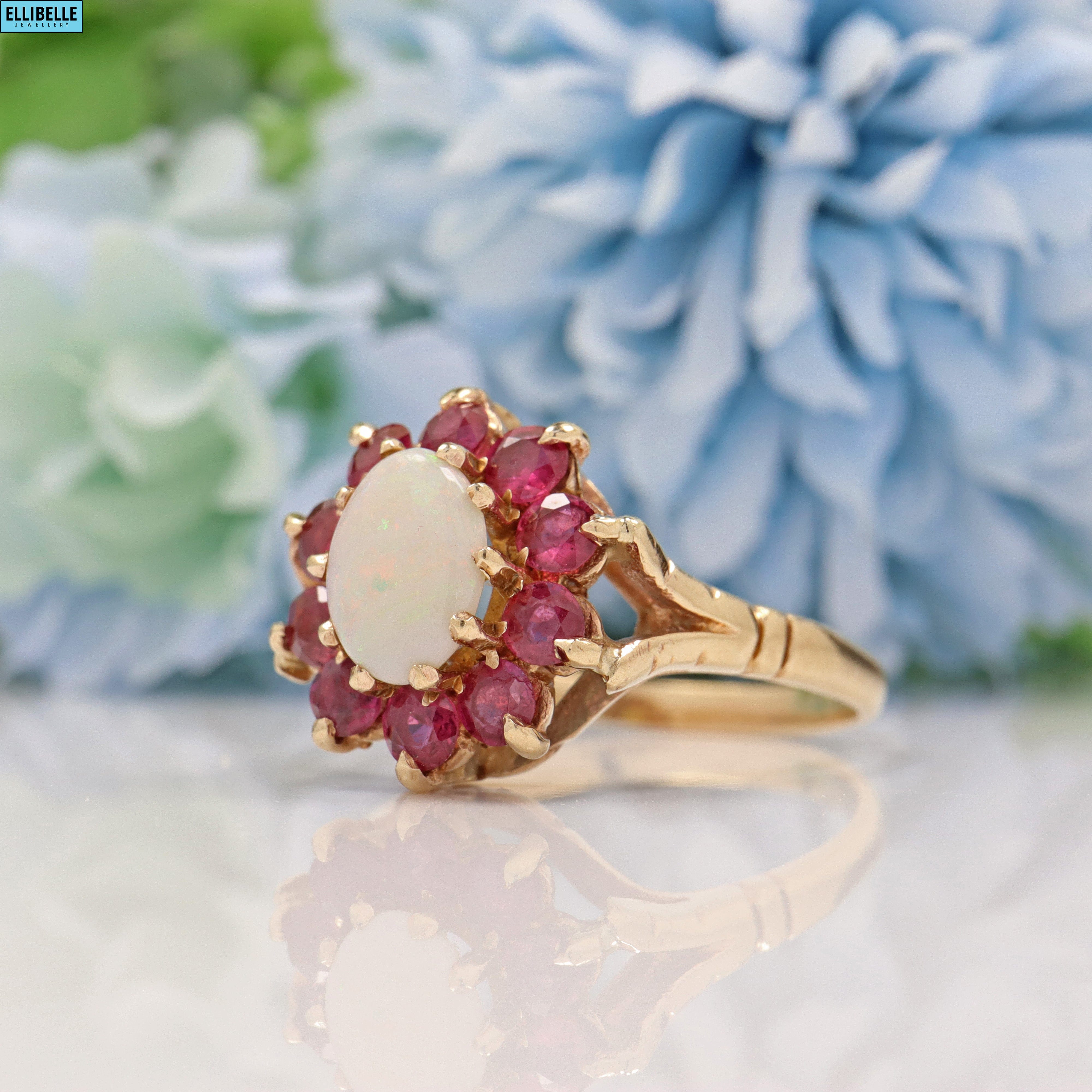 Ellibelle Jewellery VINTAGE RUBY & OPAL 9CT GOLD HALO CLUSTER RING