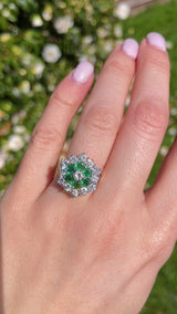 Vintage 1975 Emerald & Diamond 18ct White Gold Cluster Ring