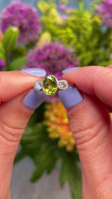Art Deco Style Peridot & Diamond Platinum Three Stone Ring