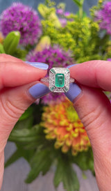 Art Deco Style Emerald & Diamond White Gold Panel Ring