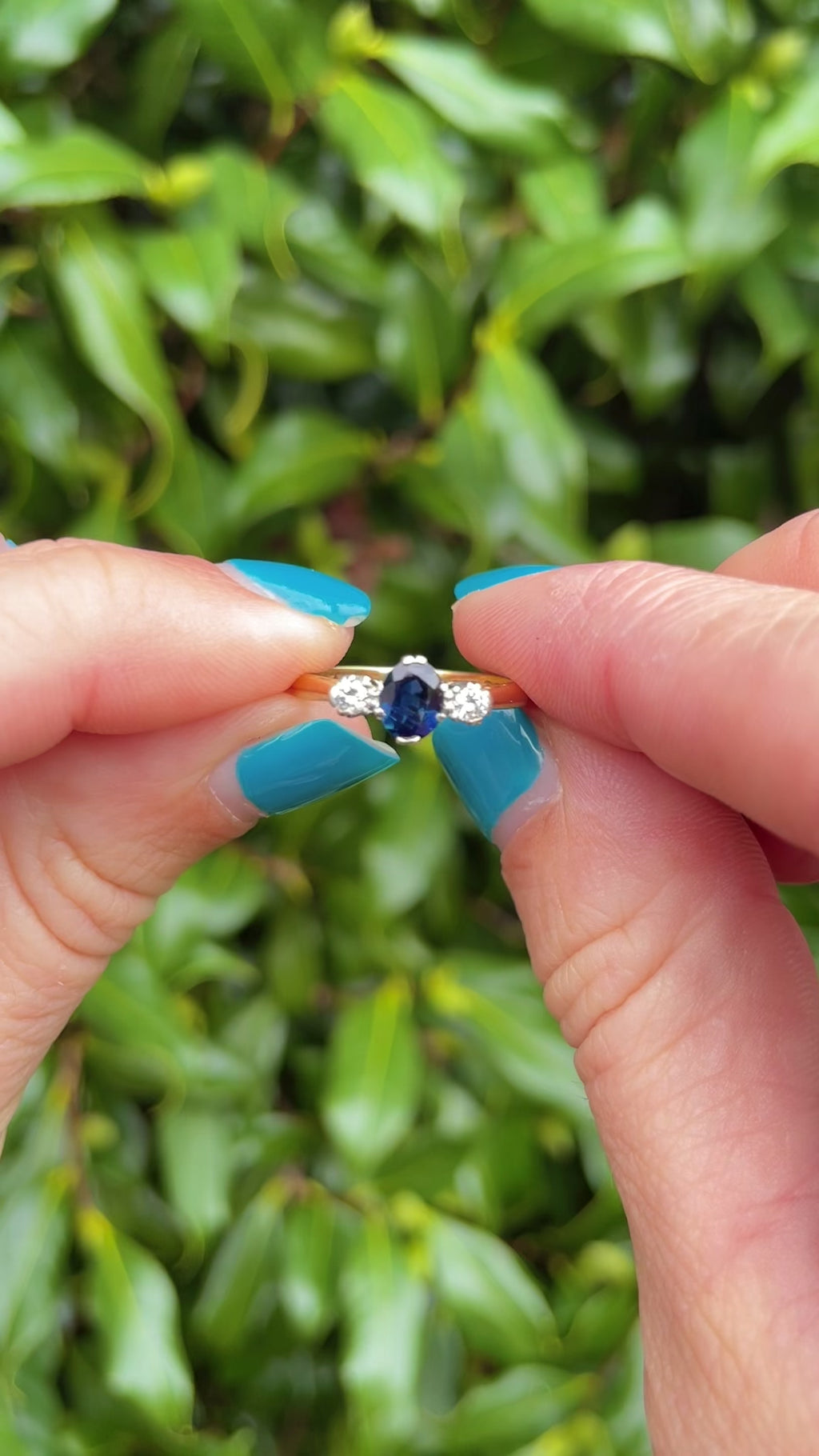 Vintage 1963 Blue Sapphire Diamond Three Stone Ring by Cropp & Farr