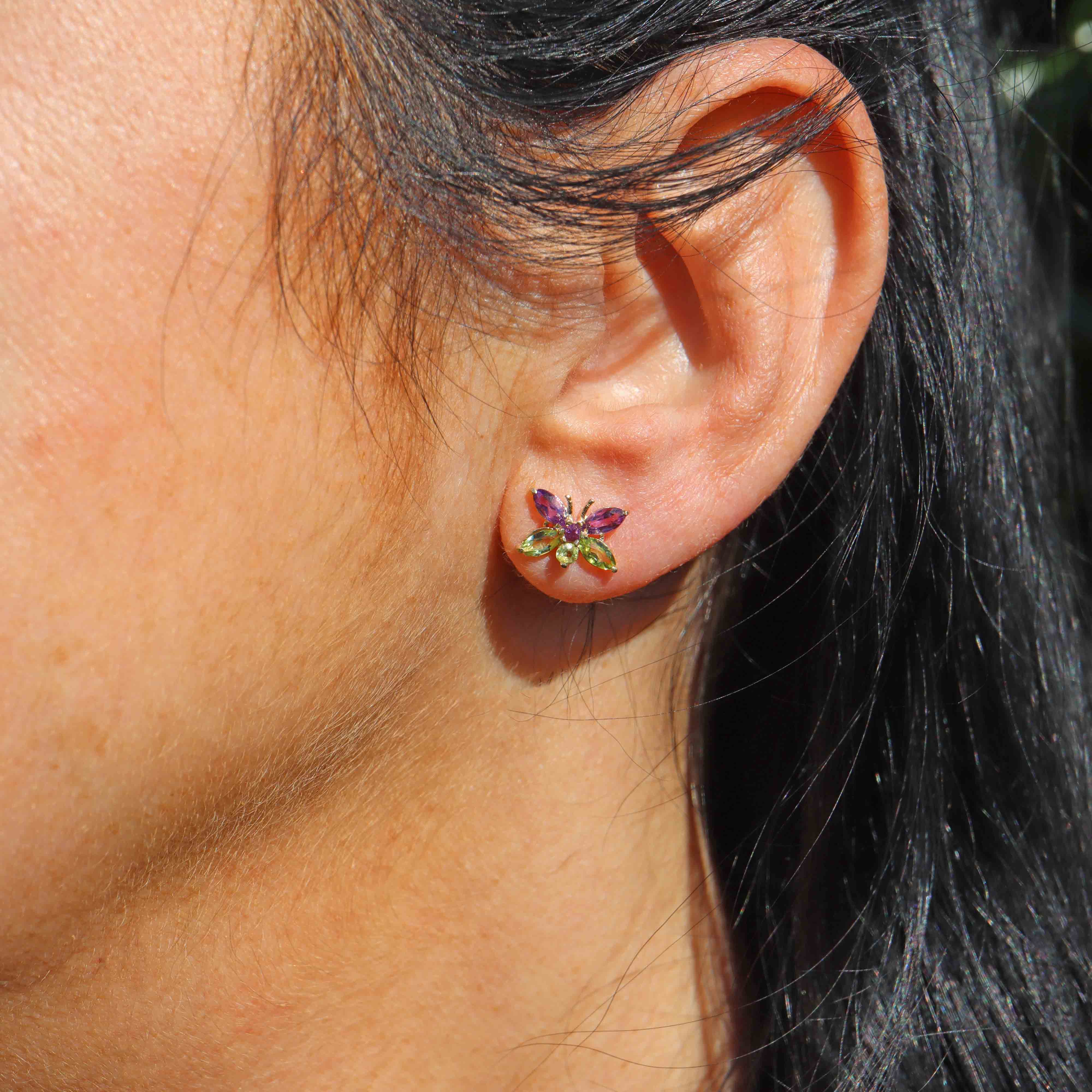 Ellibelle Jewellery Amethyst & Peridot 9ct Gold Butterfly Stud Earrings