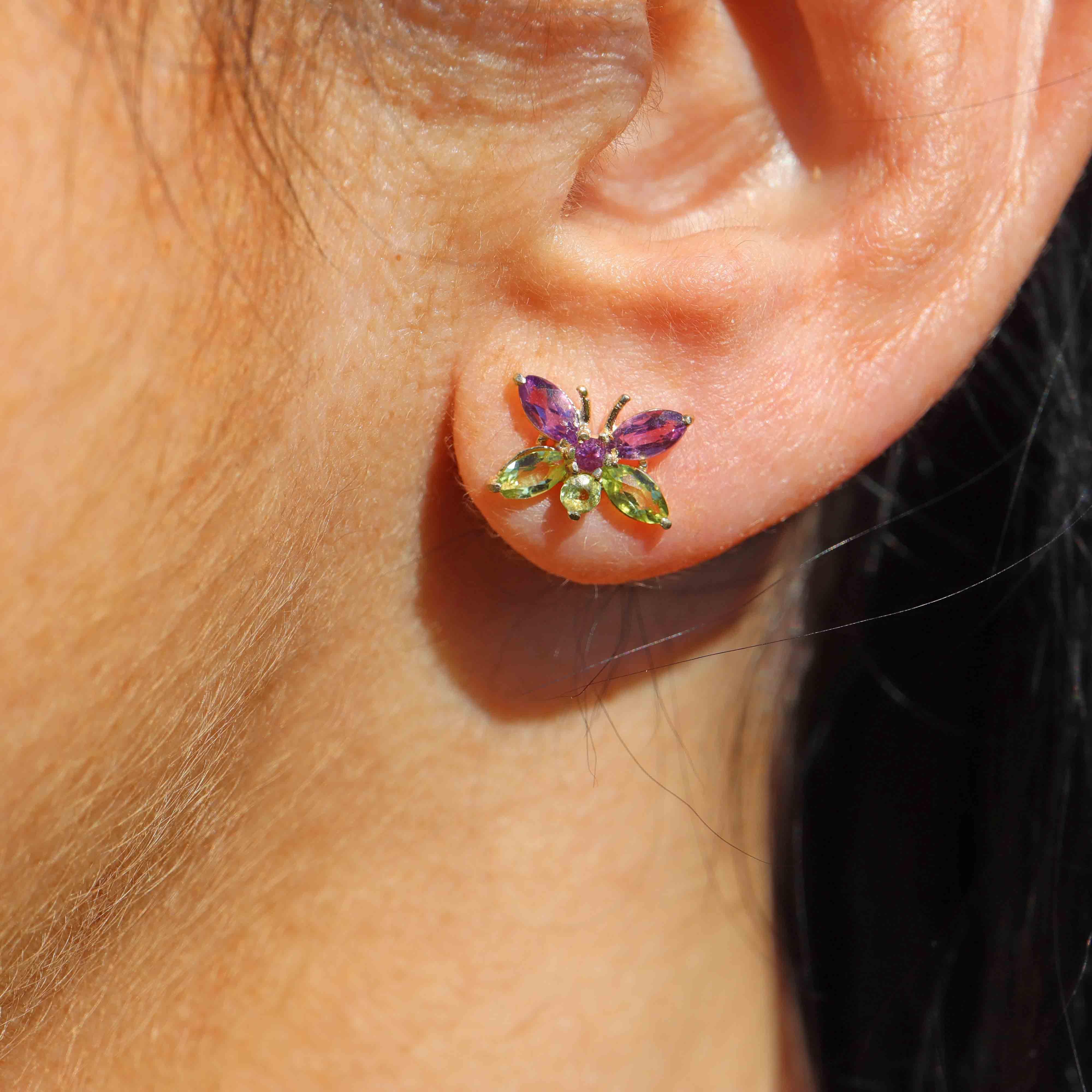 Ellibelle Jewellery Amethyst & Peridot 9ct Gold Butterfly Stud Earrings