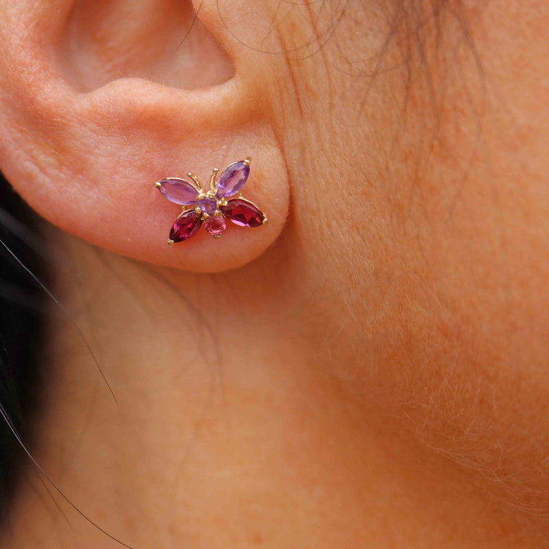 Ellibelle Jewellery Amethyst & Rhodolite Garnet 9ct Gold Butterfly Stud Earrings