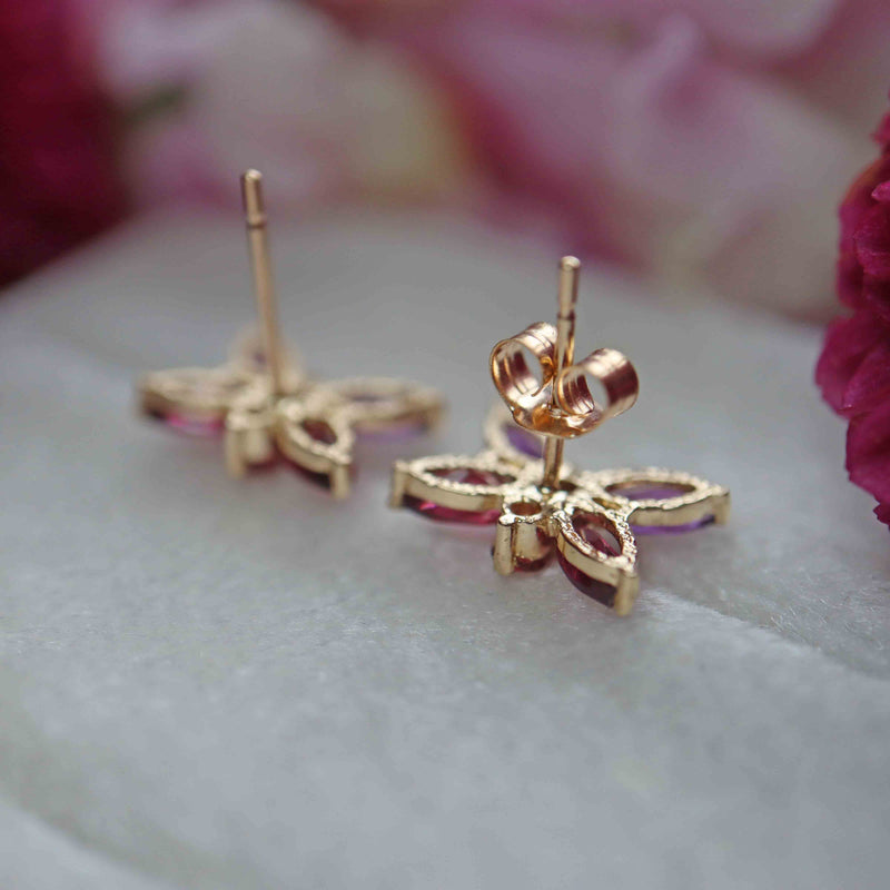 Ellibelle Jewellery Amethyst & Rhodolite Garnet 9ct Gold Butterfly Stud Earrings