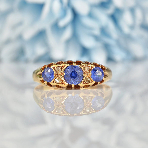 Ellibelle Jewellery ANTIQUE 18ct GOLD THREE STONE SAPPHIRE & DIAMOND RING