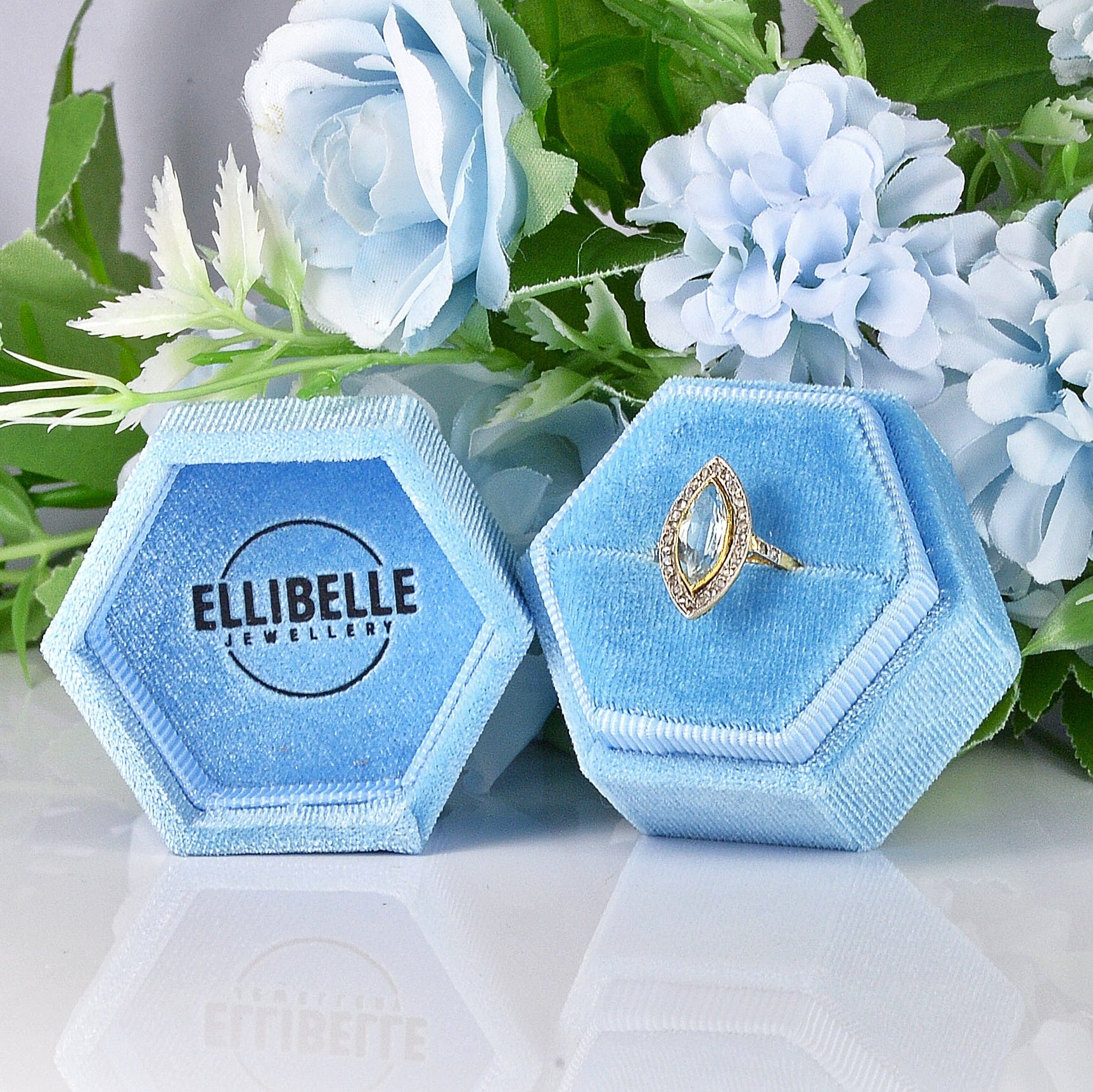 Ellibelle Jewellery Antique Aquamarine & Diamond 18ct Gold Marquise Ring