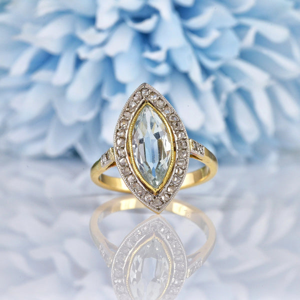 Ellibelle Jewellery Antique Aquamarine & Diamond 18ct Gold Marquise Ring