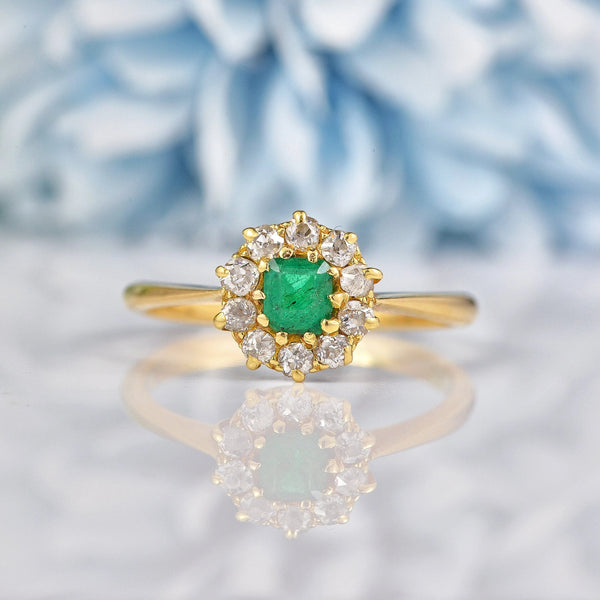 Ellibelle Jewellery Antique Art Deco Emerald & Diamond 18ct Gold Cluster Ring