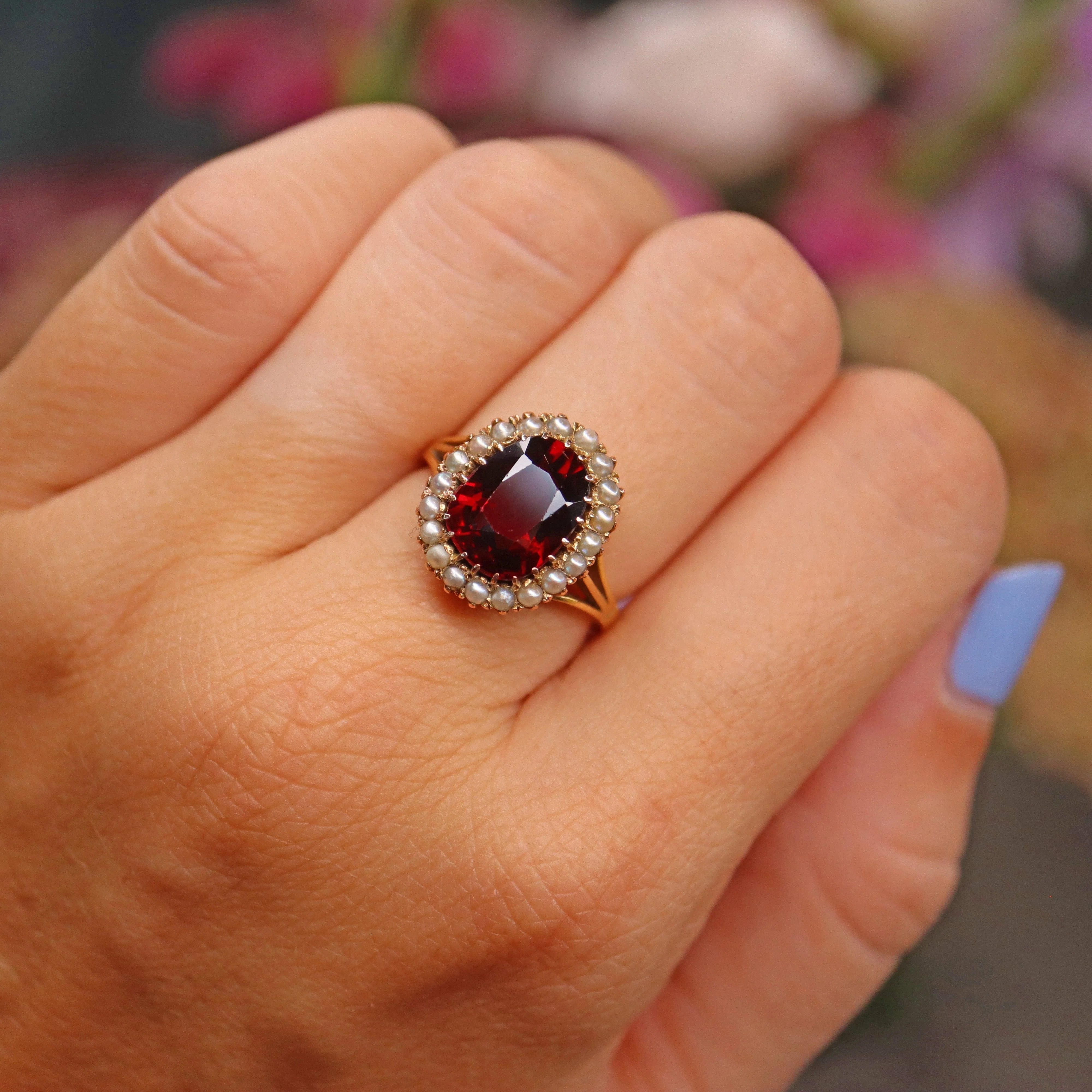 Ellibelle Jewellery Antique Bohemian Garnet & Seed Pearl 18ct Gold Cluster Ring